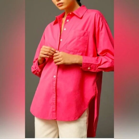 ANTHROPOLOGIE x MAEVE The Bennet Button Down Shirt Cotton Hot Pink Medium - Picture 1 of 13